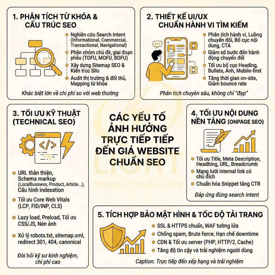 Các yếu tố quan trọng tối ưu SEO website gồm phân tích từ khóa, thiết kế UIUX, technical SEO, nội dung và bảo mật