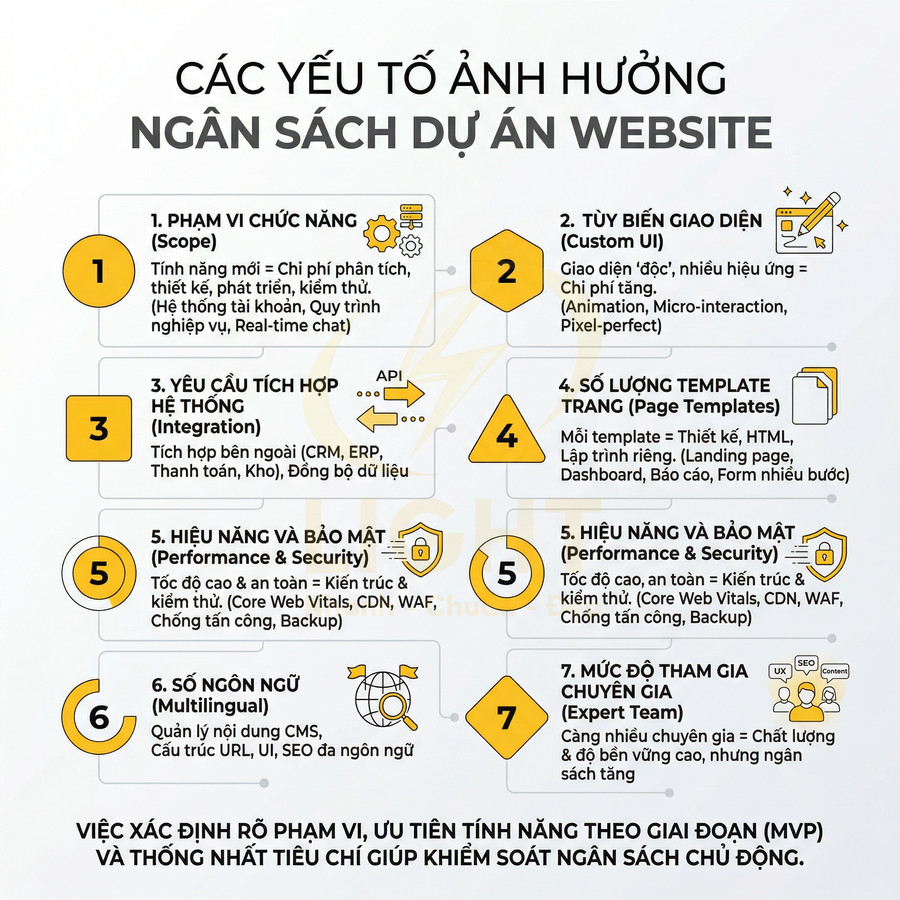 Các yếu tố ảnh hưởng ngân sách dự án website trình bày 7 mục chính bằng infographic tiếng Việt