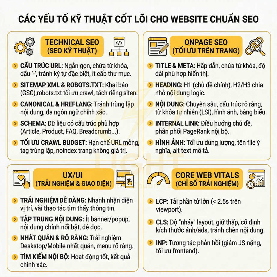 Các yếu tố kỹ thuật cốt lõi giúp tối ưu website chuẩn SEO, gồm technical SEO, onpage, UX UI và Core Web Vitals