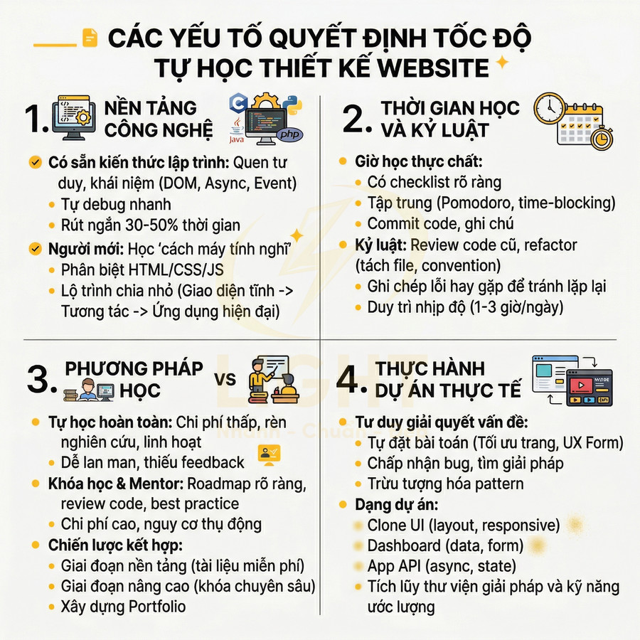 Các yếu tố quan trọng quyết định tốc độ tự học thiết kế website trình bày dạng checklist trực quan