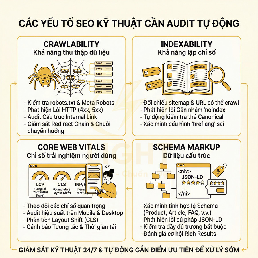 Infographic các yếu tố SEO kỹ thuật cần audit tự động: crawlability, indexability, core web vitals, schema markup