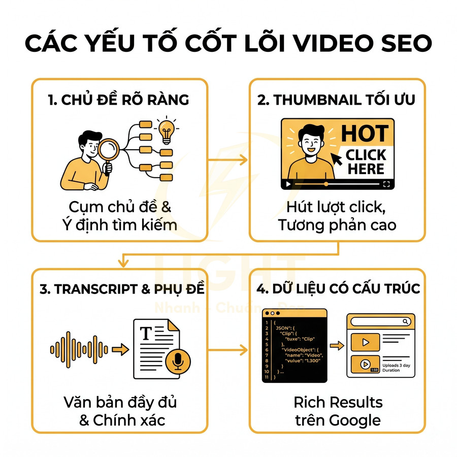 Các yếu tố cốt lõi tối ưu video SEO gồm chủ đề rõ ràng, thumbnail tối ưu, transcript và dữ liệu có cấu trúc