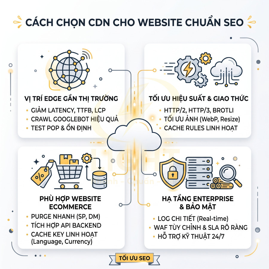 Infographic hướng dẫn cách chọn CDN cho website chuẩn SEO với các tiêu chí hiệu suất, bảo mật và hỗ trợ ecommerce