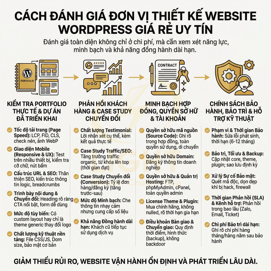 Infographic hướng dẫn cách đánh giá đơn vị thiết kế website WordPress giá rẻ uy tín bằng các tiêu chí chi tiết