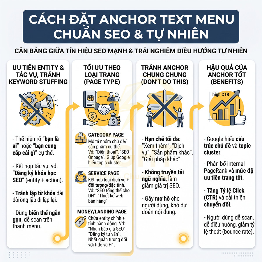 Hướng dẫn đặt anchor text menu chuẩn SEO và tự nhiên, tối ưu loại trang, tránh anchor chung, tăng CTR và trải nghiệm người dùng