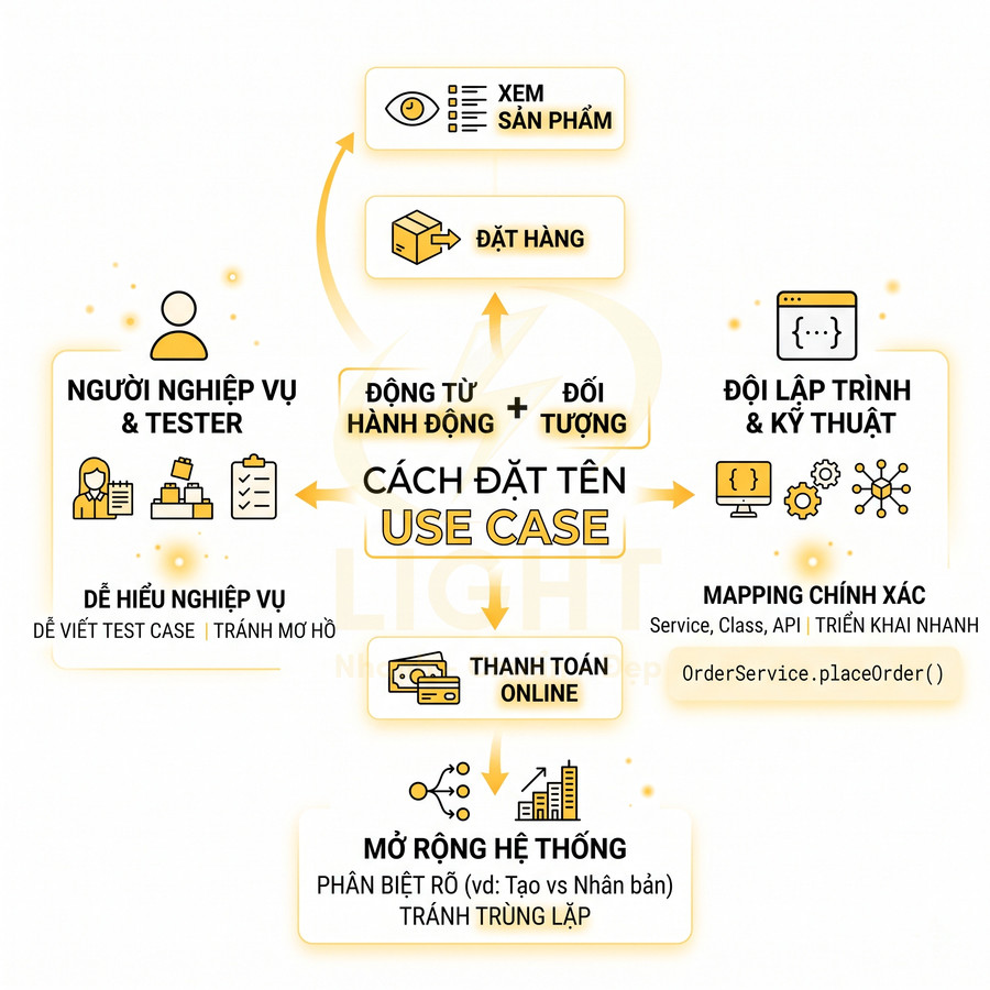 Sơ đồ hướng dẫn cách đặt tên use case với ví dụ xem sản phẩm, đặt hàng, thanh toán online, mở rộng hệ thống