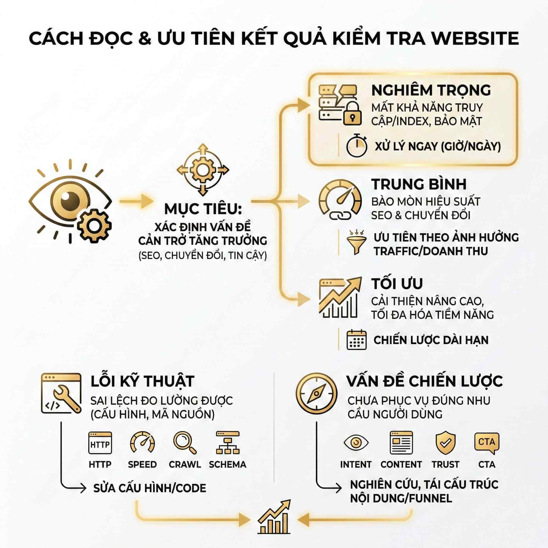 Hướng dẫn đọc và ưu tiên kết quả kiểm tra website, phân loại lỗi kỹ thuật và vấn đề chiến lược SEO