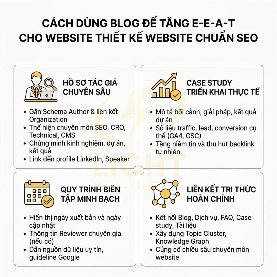 Cách dùng blog tăng E-E-A-T cho website thiết kế chuẩn SEO với hồ sơ tác giả, case study, quy trình biên tập, liên kết tri thức