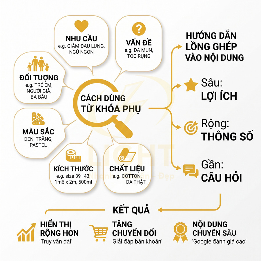 Infographic hướng dẫn cách dùng từ khóa phụ trong nội dung SEO với nhu cầu, vấn đề, đối tượng, màu sắc, kích thước, chất liệu