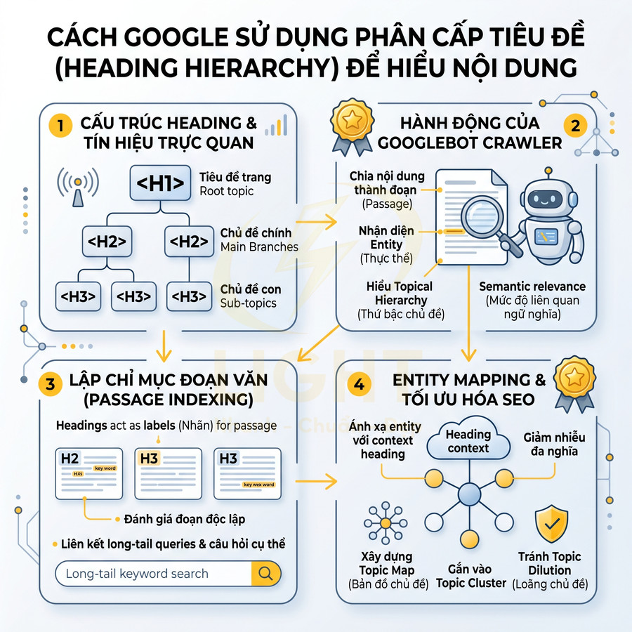 Infographic quy trình Google dùng cấu trúc heading để hiểu nội dung và tối ưu SEO cho bài viết