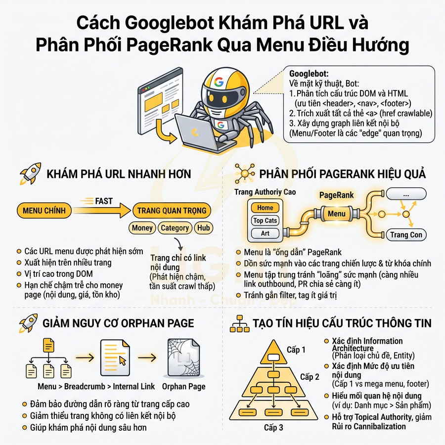 Infographic cách Googlebot khám phá URL và phân phối PageRank qua menu điều hướng website