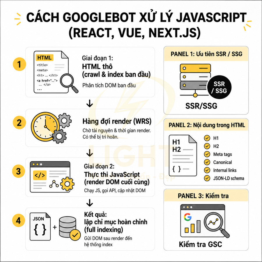 Quy trình Googlebot xử lý JavaScript React Vue NextJS với các giai đoạn render và tối ưu SEO SSR SSG