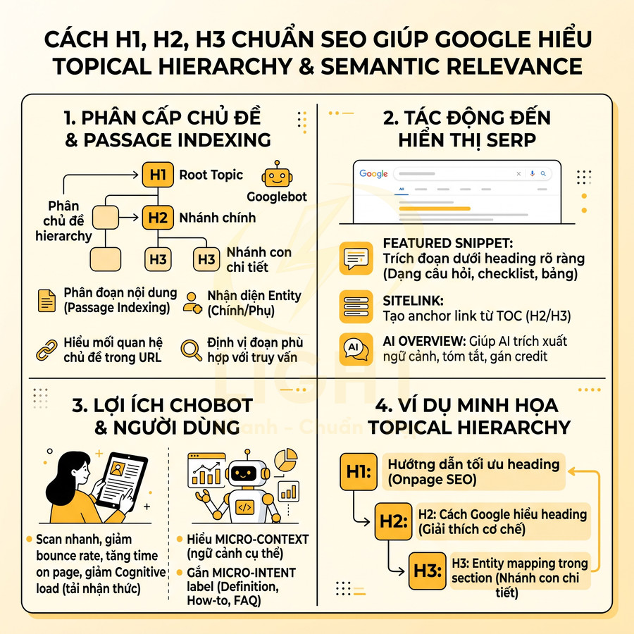 Infographic hướng dẫn cách dùng H1 H2 H3 chuẩn SEO giúp Google hiểu topical hierarchy và cải thiện hiển thị SERP