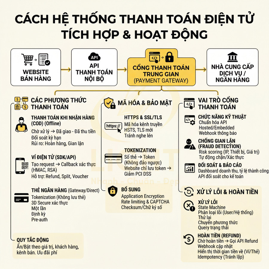 Sơ đồ quy trình tích hợp và hoạt động của hệ thống cổng thanh toán điện tử với website bán hàng và ngân hàng