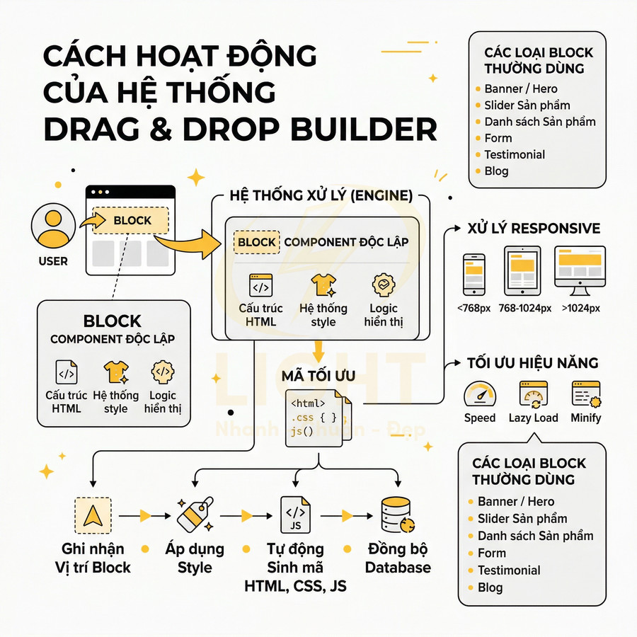 Sơ đồ cách hoạt động của hệ thống drag and drop builder tạo block web, xử lý responsive và tối ưu mã HTML CSS JS