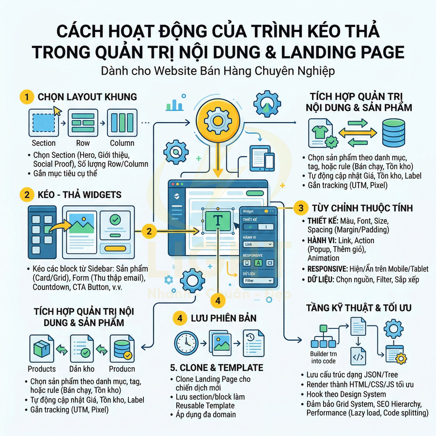 Hướng dẫn cách hoạt động của trình kéo thả quản trị nội dung và landing page cho website bán hàng