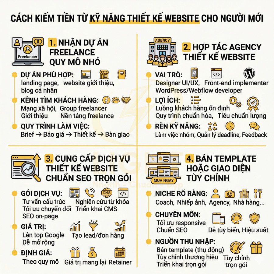 Infographic cách kiếm tiền từ kỹ năng thiết kế website cho người mới với 4 hướng dịch vụ chính
