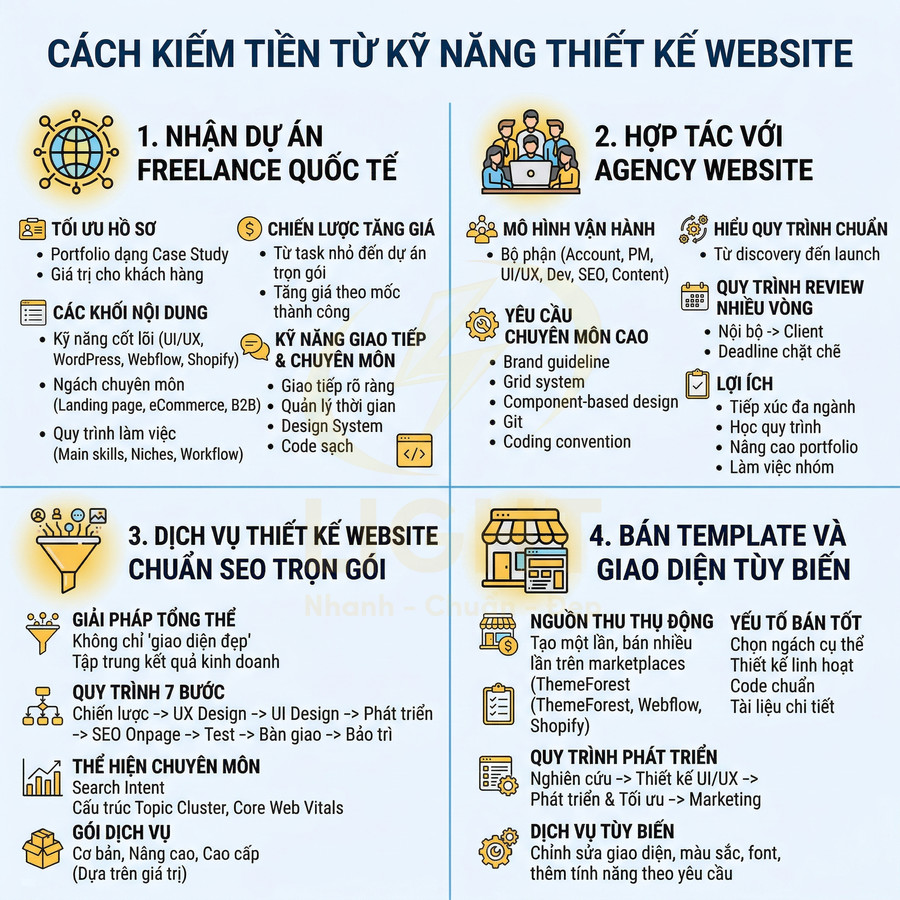Cách kiếm tiền từ kỹ năng thiết kế website với freelance quốc tế, dịch vụ chuẩn SEO, hợp tác agency và bán template