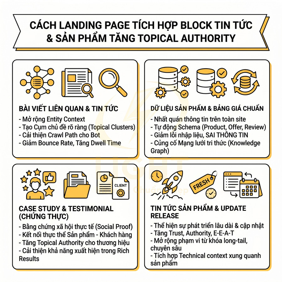 Infographic hướng dẫn tích hợp block tin tức và sản phẩm trên landing page để tăng topical authority trong SEO