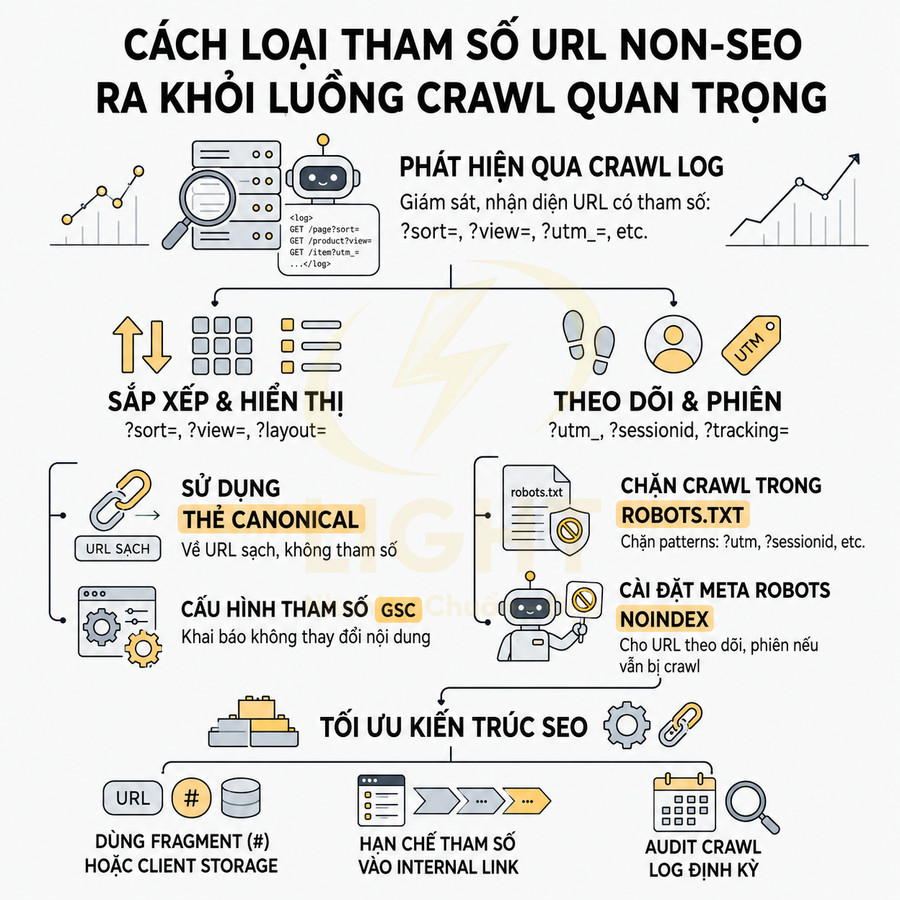 Infographic hướng dẫn loại tham số URL non SEO khỏi luồng crawl và tối ưu kiến trúc SEO website