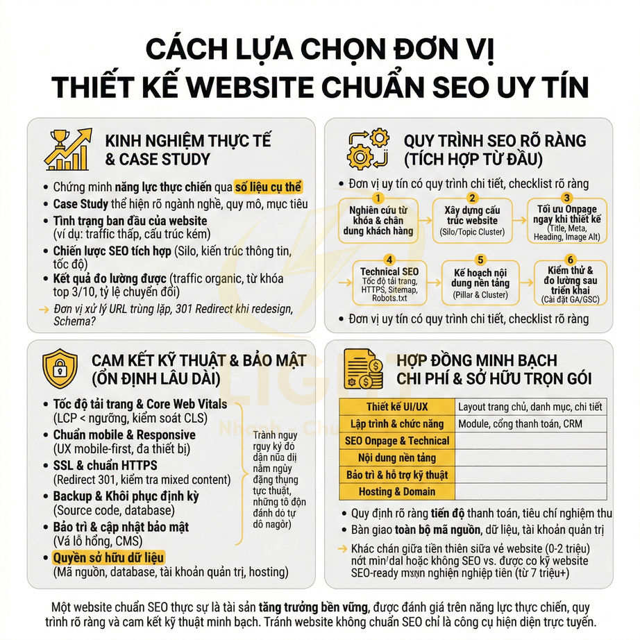 Infographic hướng dẫn cách lựa chọn đơn vị thiết kế website chuẩn SEO uy tín với các tiêu chí chi tiết