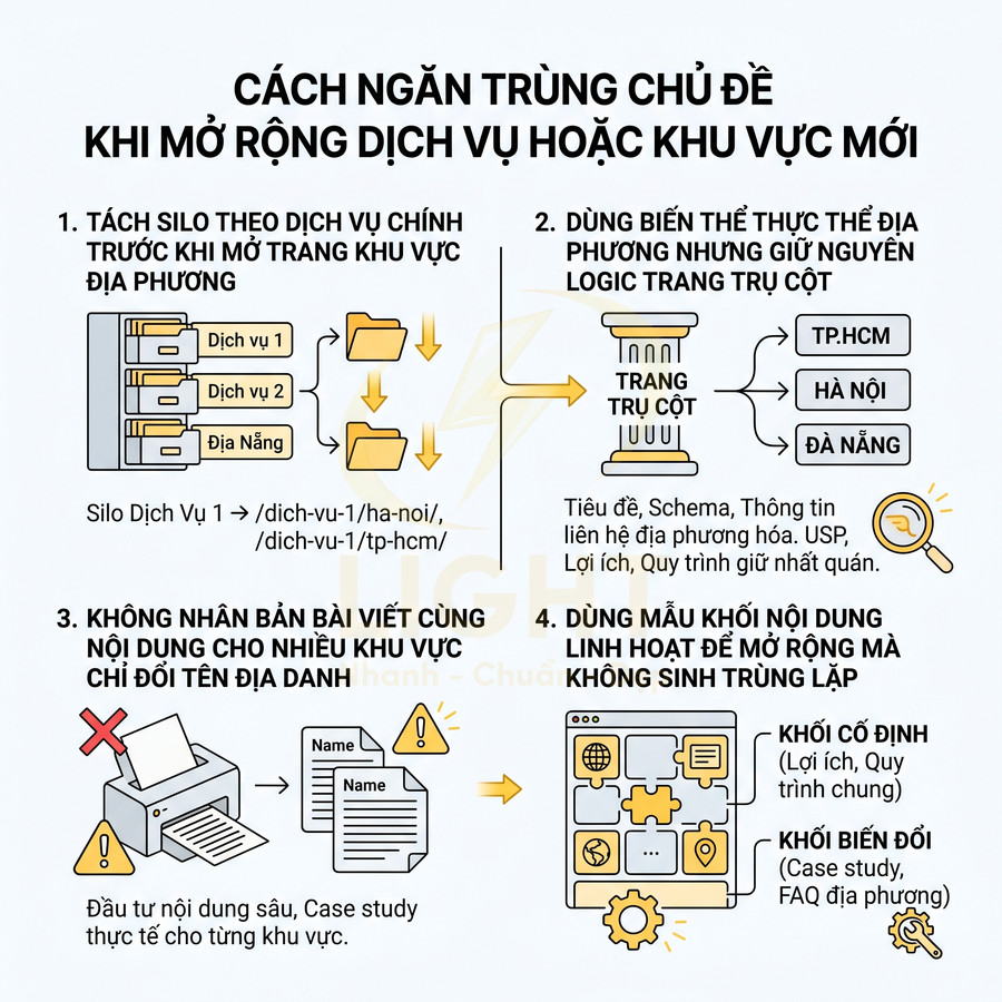 Hướng dẫn SEO ngăn trùng lặp nội dung khi mở rộng dịch vụ hoặc khu vực mới với ví dụ silo và khối nội dung