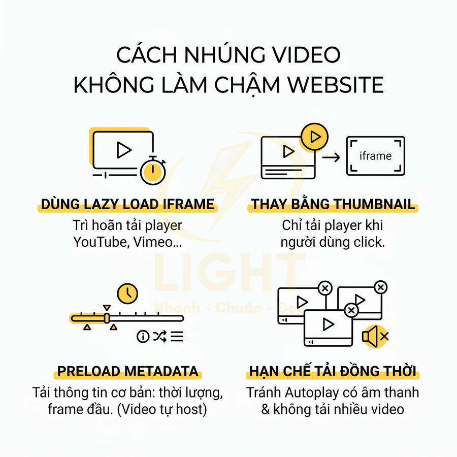 Hướng dẫn tối ưu nhúng video không làm chậm website với lazy load iframe, thumbnail, preload metadata và hạn chế tải đồng thời