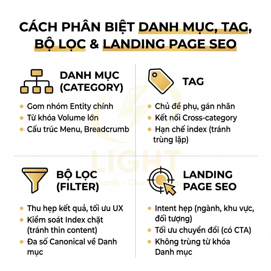 Hướng dẫn phân biệt danh mục, tag, bộ lọc và landing page SEO với tiêu chí và ví dụ minh họa