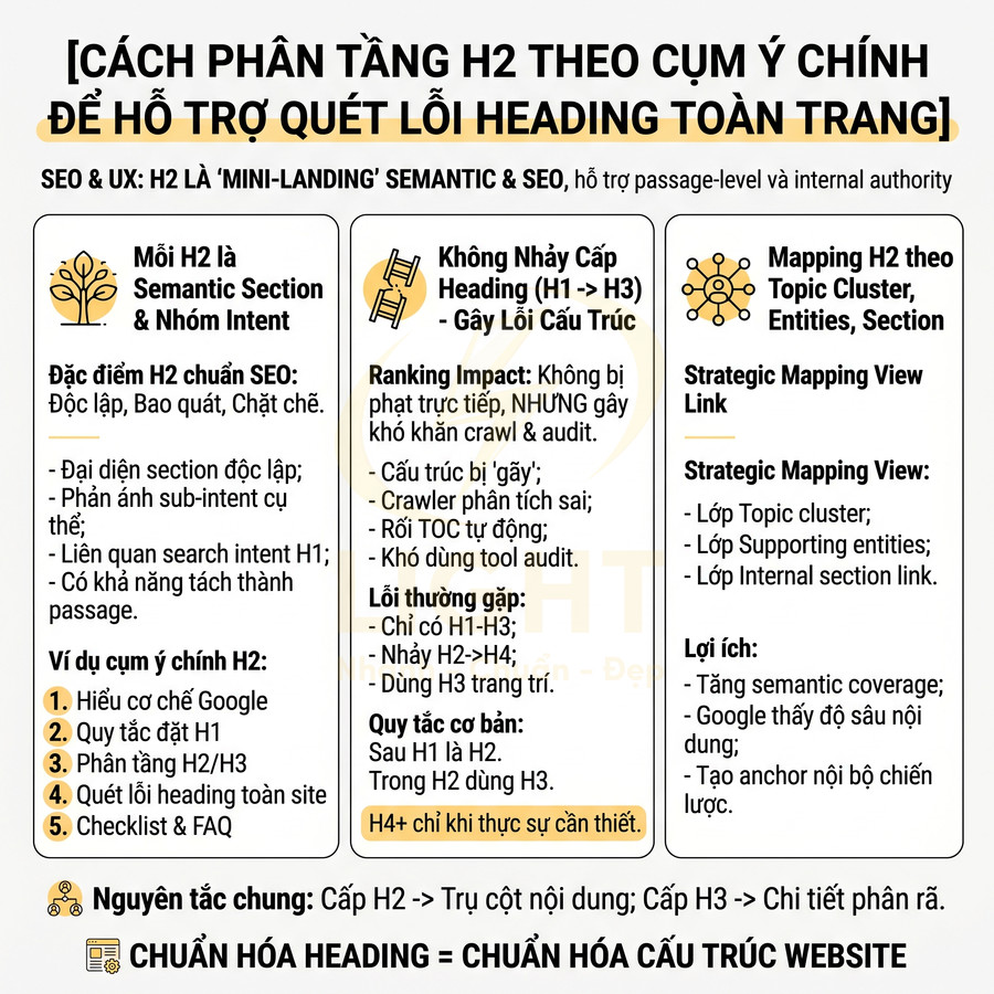 Hướng dẫn chuẩn hóa heading H2 theo cụm ý chính để tối ưu cấu trúc SEO và UX cho toàn bộ trang web