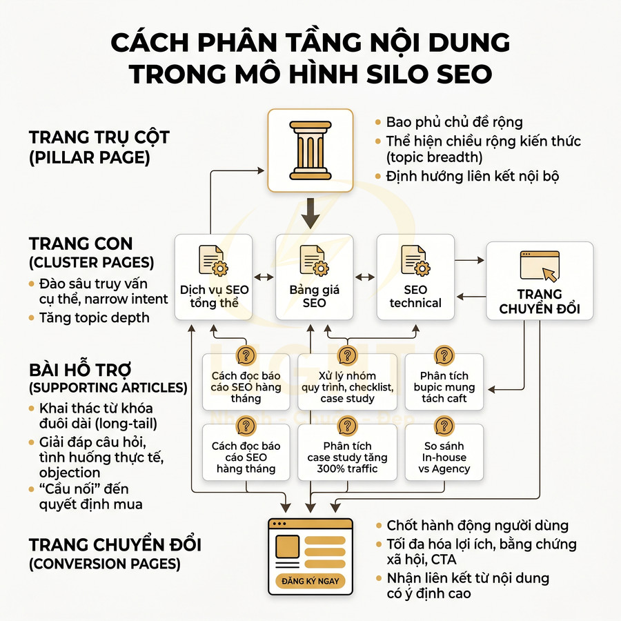 Sơ đồ mô hình silo SEO với trang trụ cột, trang con, bài hỗ trợ và trang chuyển đổi tối ưu hành trình người dùng
