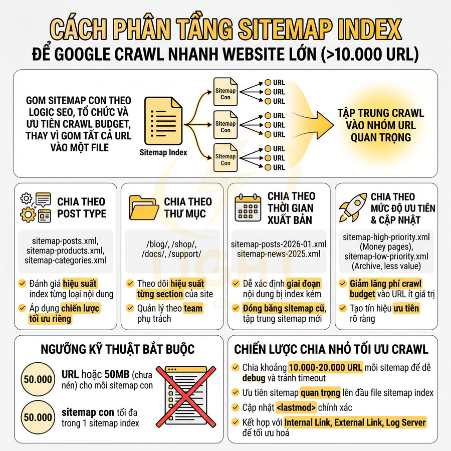 Infographic hướng dẫn cách phân tầng sitemap index để Google crawl nhanh website lớn trên 10.000 URL