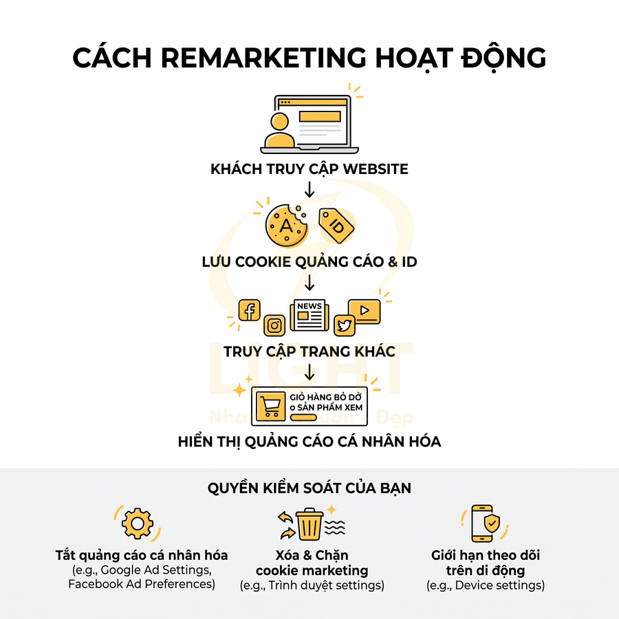 Mô tả quy trình remarketing bằng cookie quảng cáo và các cách người dùng kiểm soát quảng cáo cá nhân hóa