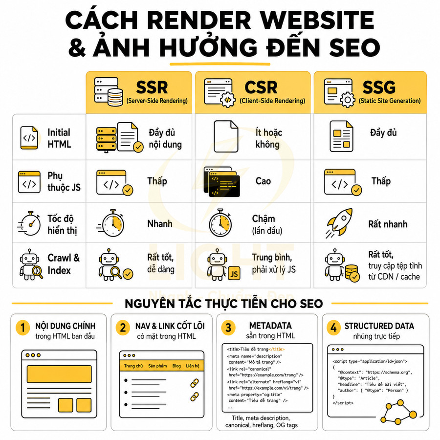 So sánh SSR, CSR, SSG và các nguyên tắc render website tối ưu SEO bằng HTML, JS, metadata, structured data