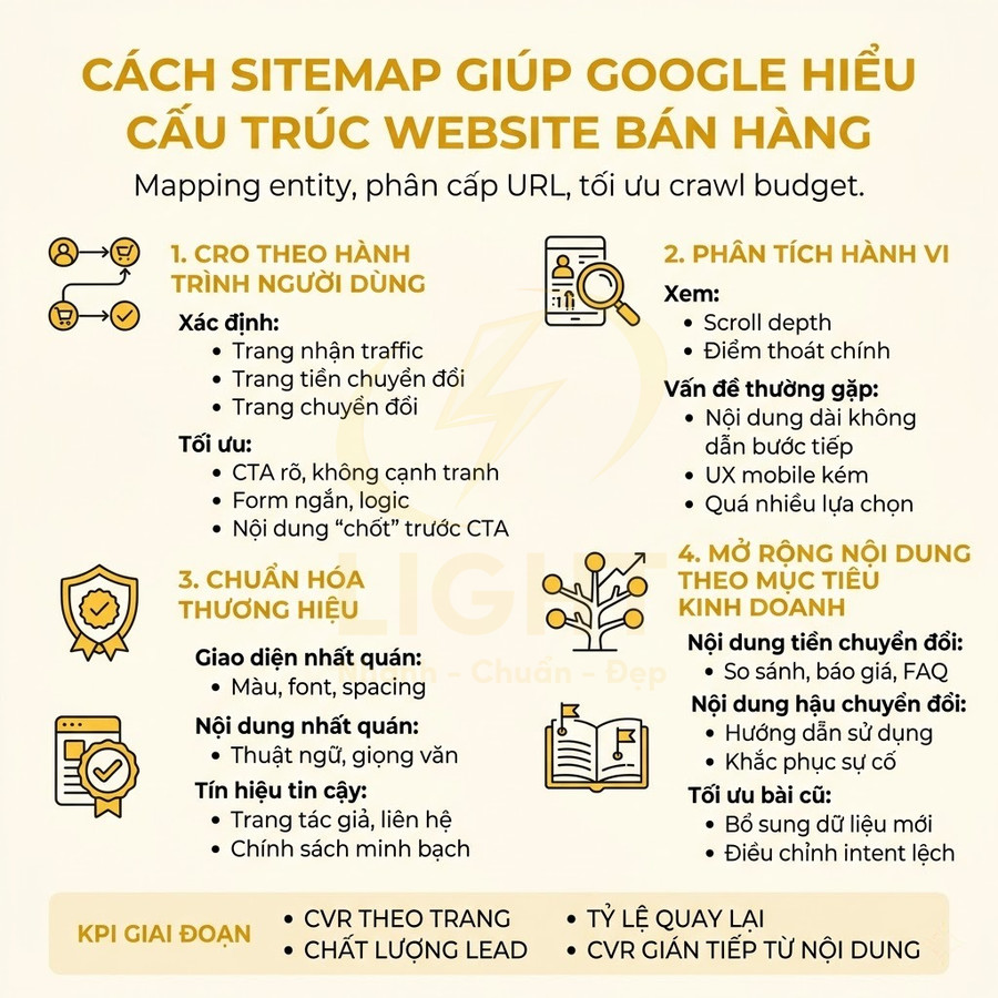 Hướng dẫn sitemap giúp Google hiểu cấu trúc website bán hàng với các bước CRO, phân tích hành vi, chuẩn hóa thương hiệu, mở rộng nội dung