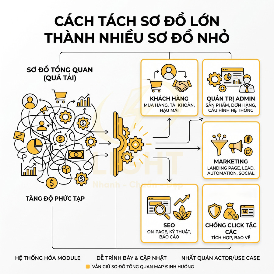 Minh họa cách tách sơ đồ lớn phức tạp thành nhiều sơ đồ nhỏ cho khách hàng, admin, marketing, SEO, chống click tặc