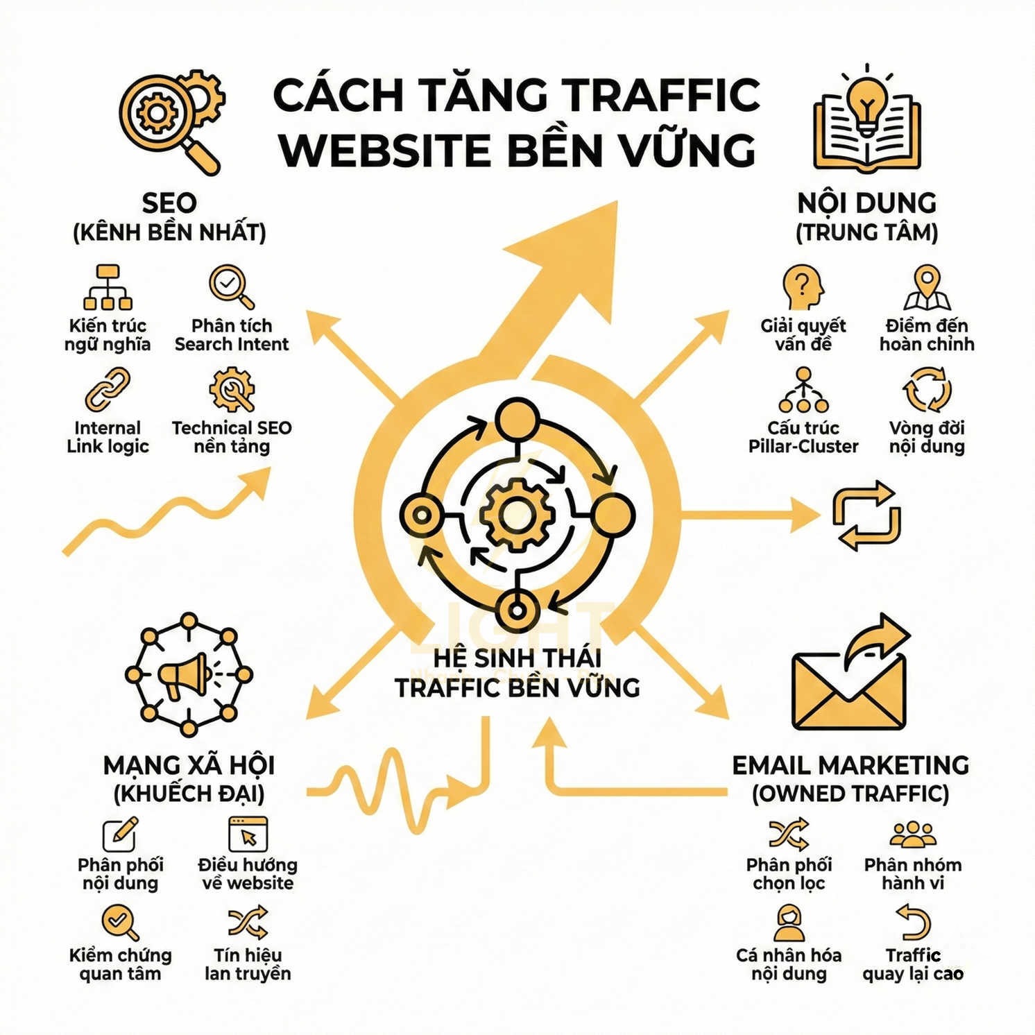 Cách tăng traffic website bền vững với SEO, nội dung, mạng xã hội và email marketing