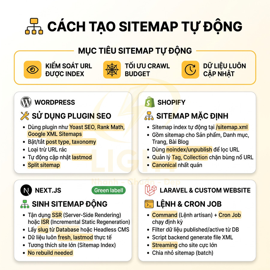 Hướng dẫn cách tạo sitemap tự động cho WordPress, Shopify, Next.js, Laravel và website custom chuẩn SEO