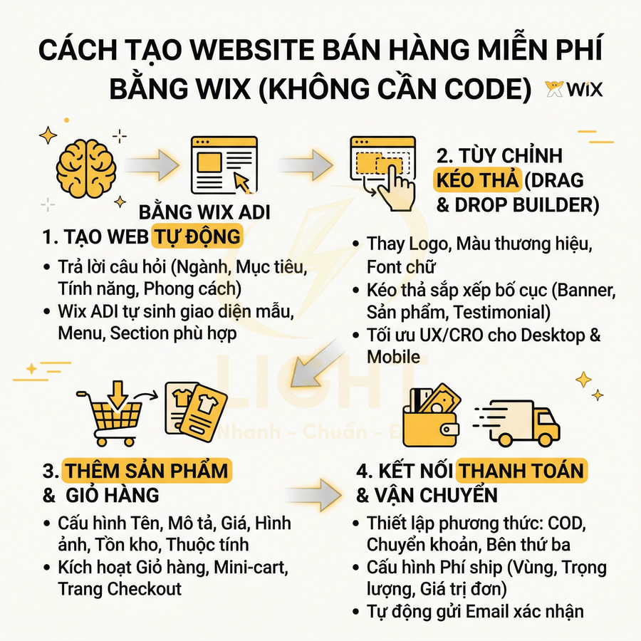 Hướng dẫn tạo website bán hàng miễn phí bằng Wix với các bước tạo web, thêm sản phẩm, kết nối thanh toán