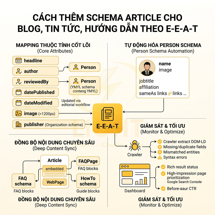 Sơ đồ hướng dẫn thêm schema Article chuẩn E-E-A-T cho blog, tin tức và trang hướng dẫn SEO