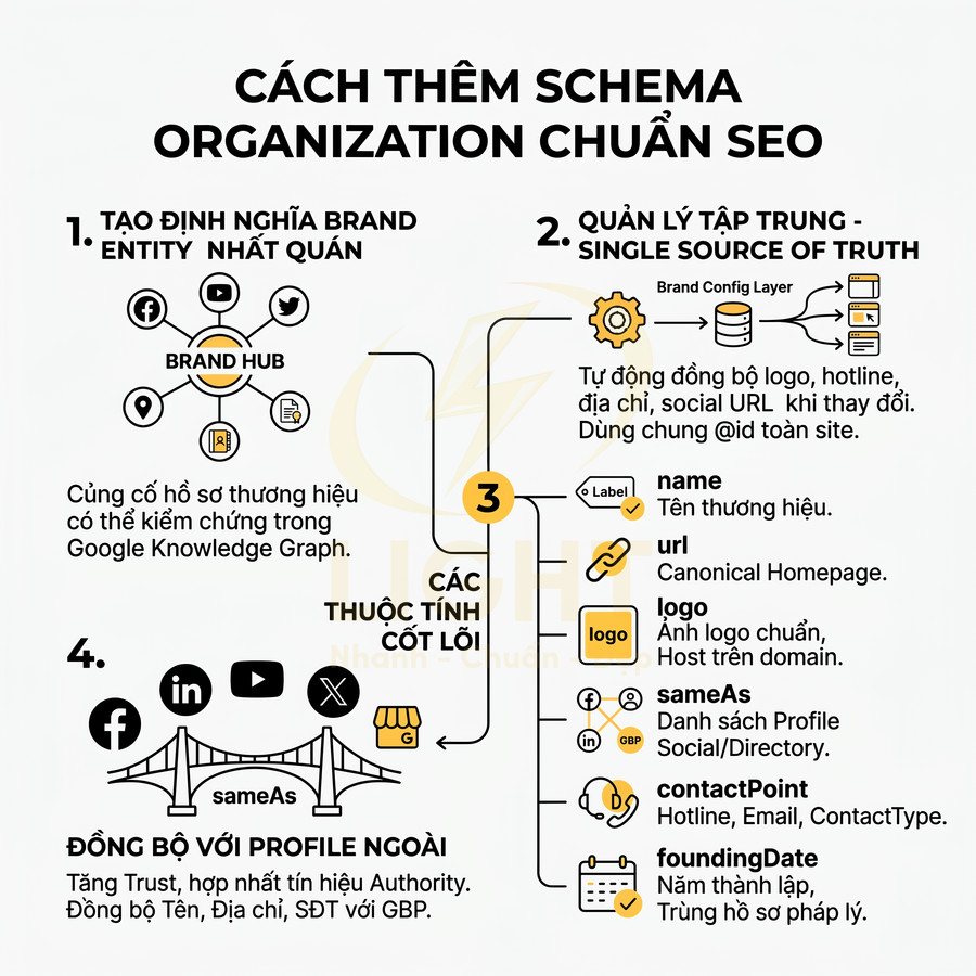 Hướng dẫn thêm schema Organization chuẩn SEO với các bước định nghĩa brand, quản lý tập trung và đồng bộ profile ngoài