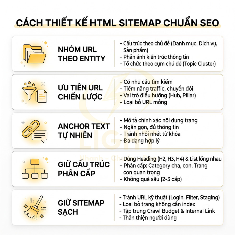 Hướng dẫn cách thiết kế HTML sitemap chuẩn SEO với nhóm URL theo entity, ưu tiên URL chiến lược và giữ sitemap sạch