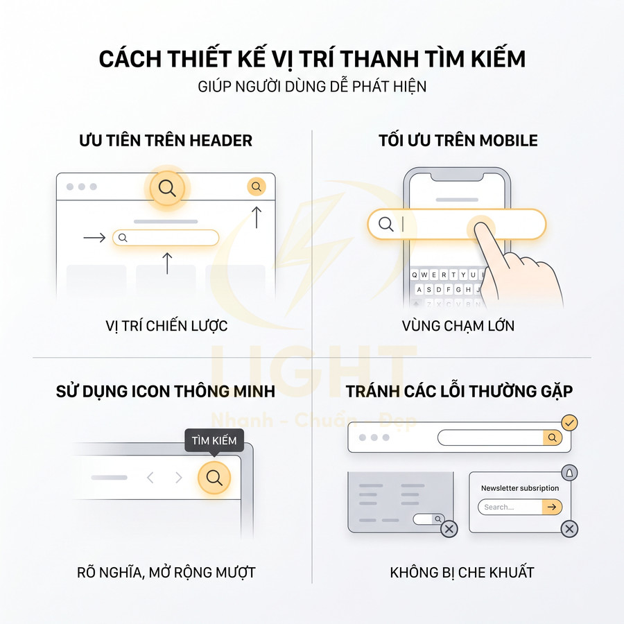 Hướng dẫn thiết kế vị trí thanh tìm kiếm trên website và mobile với ví dụ minh họa trực quan