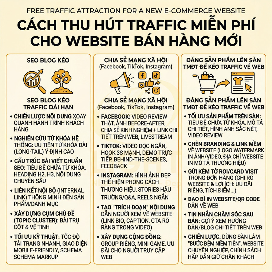 Infographic cách thu hút traffic miễn phí cho website bán hàng mới bằng SEO blog, mạng xã hội và sàn thương mại điện tử