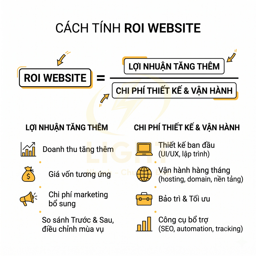 Cách tính ROI website với công thức lợi nhuận tăng thêm chia chi phí thiết kế và vận hành, kèm các yếu tố chi tiết