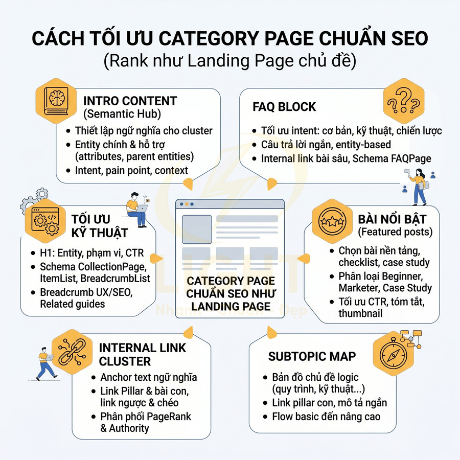 Hướng dẫn tối ưu category page chuẩn SEO với intro content, kỹ thuật, internal link, FAQ, bài nổi bật và subtopic map