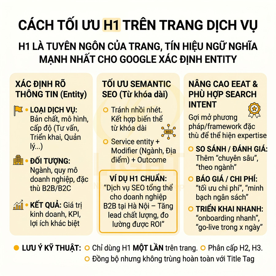 Hướng dẫn tối ưu thẻ H1 cho trang dịch vụ SEO, tập trung xác định entity, semantic SEO và nâng cao EEAT