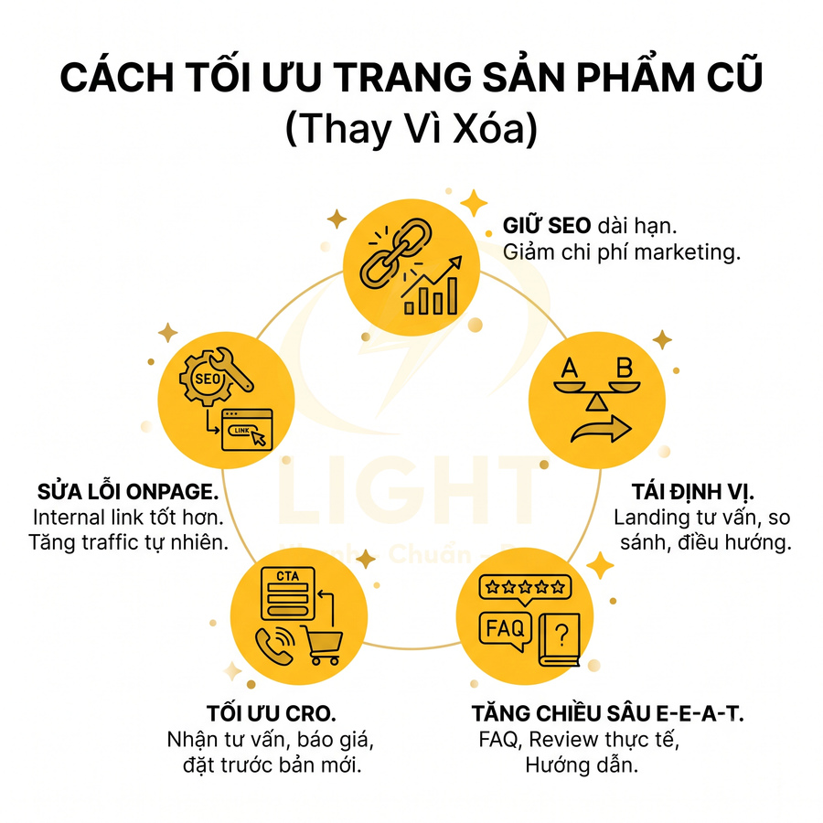 Cách tối ưu trang sản phẩm cũ thay vì xóa với các bước sửa lỗi onpage, tối ưu CRO, giữ SEO, tái định vị, tăng chiều sâu E-E-A-T