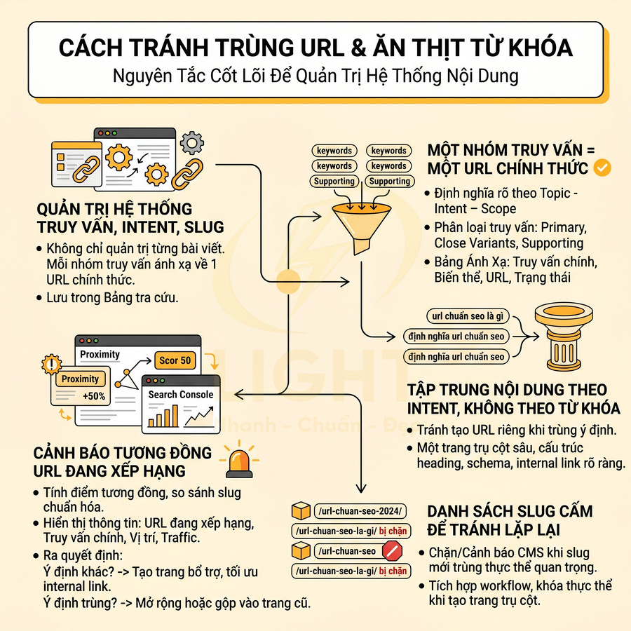 Infographic hướng dẫn cách tránh trùng URL và ăn thịt từ khóa trong quản trị hệ thống nội dung SEO