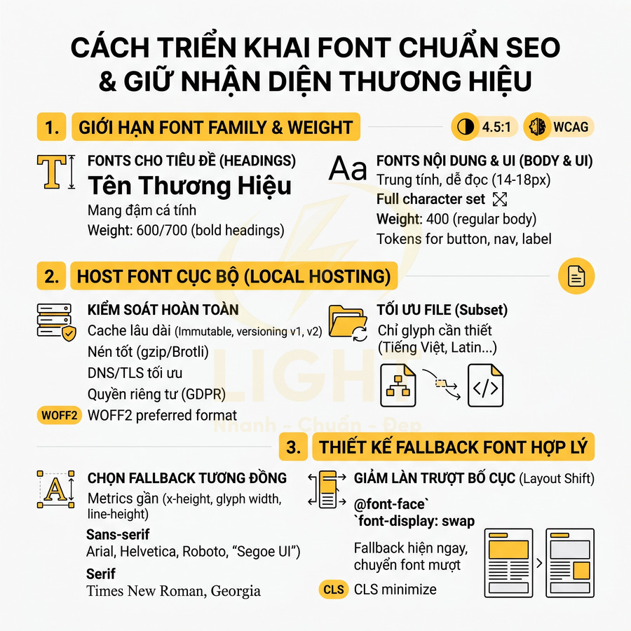 Hướng dẫn triển khai font chuẩn SEO và giữ nhận diện thương hiệu với giới hạn font, host font cục bộ và thiết kế fallback hợp lý