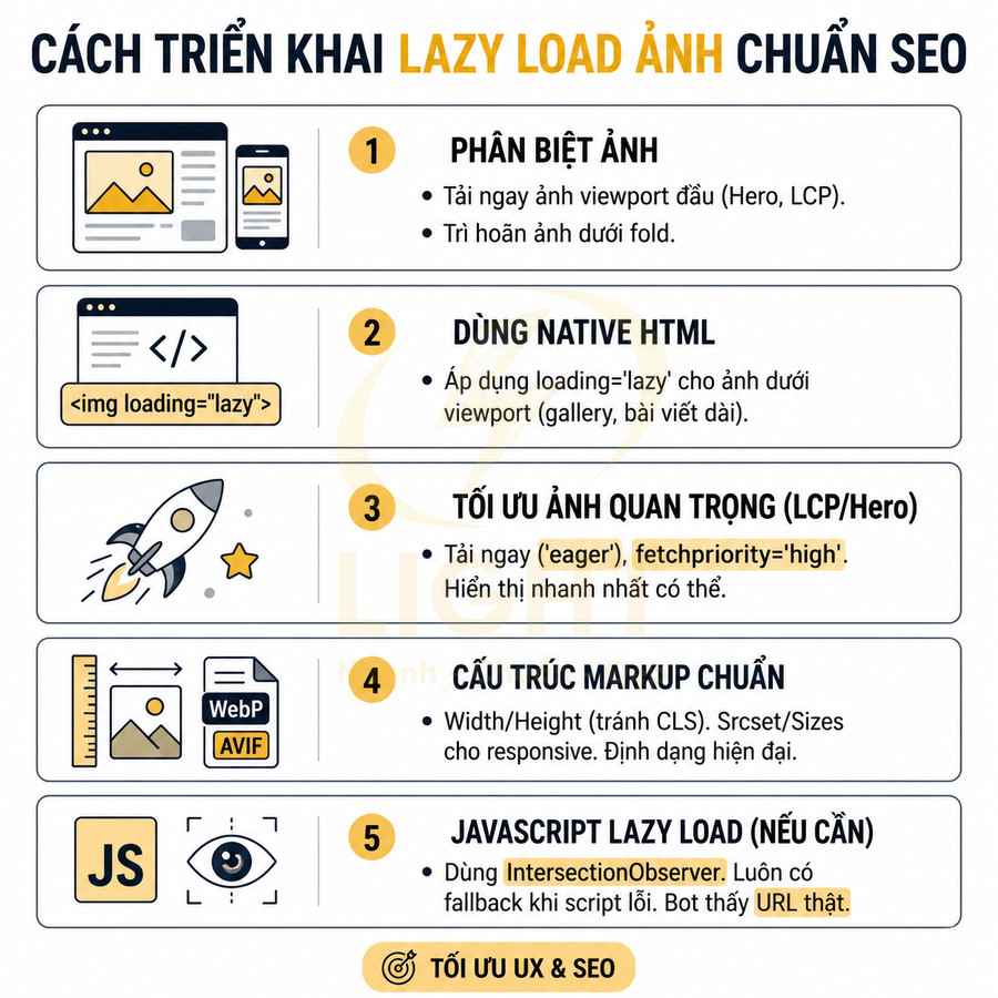 Hướng dẫn triển khai lazy load ảnh chuẩn SEO với 5 bước tối ưu tốc độ tải và trải nghiệm người dùng